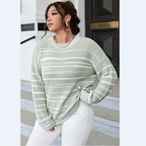 Plus Size Striped Rib-Knit Dropped Shoulder Sweater